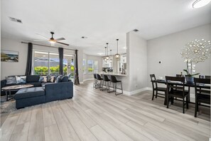 Smart TV, fireplace, offices, printers