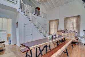 Sit and enjoy the view from the long bench, or relax on the plush sofa.