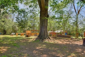 Surrounded by nature, this serene outdoor space features a majestic tree and rustic wooden structures.