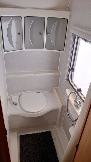 Shower, hair dryer, soap, toilet paper