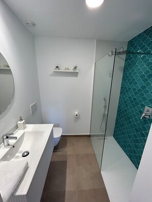 Douche, sèche-cheveux, serviettes fournies, savon