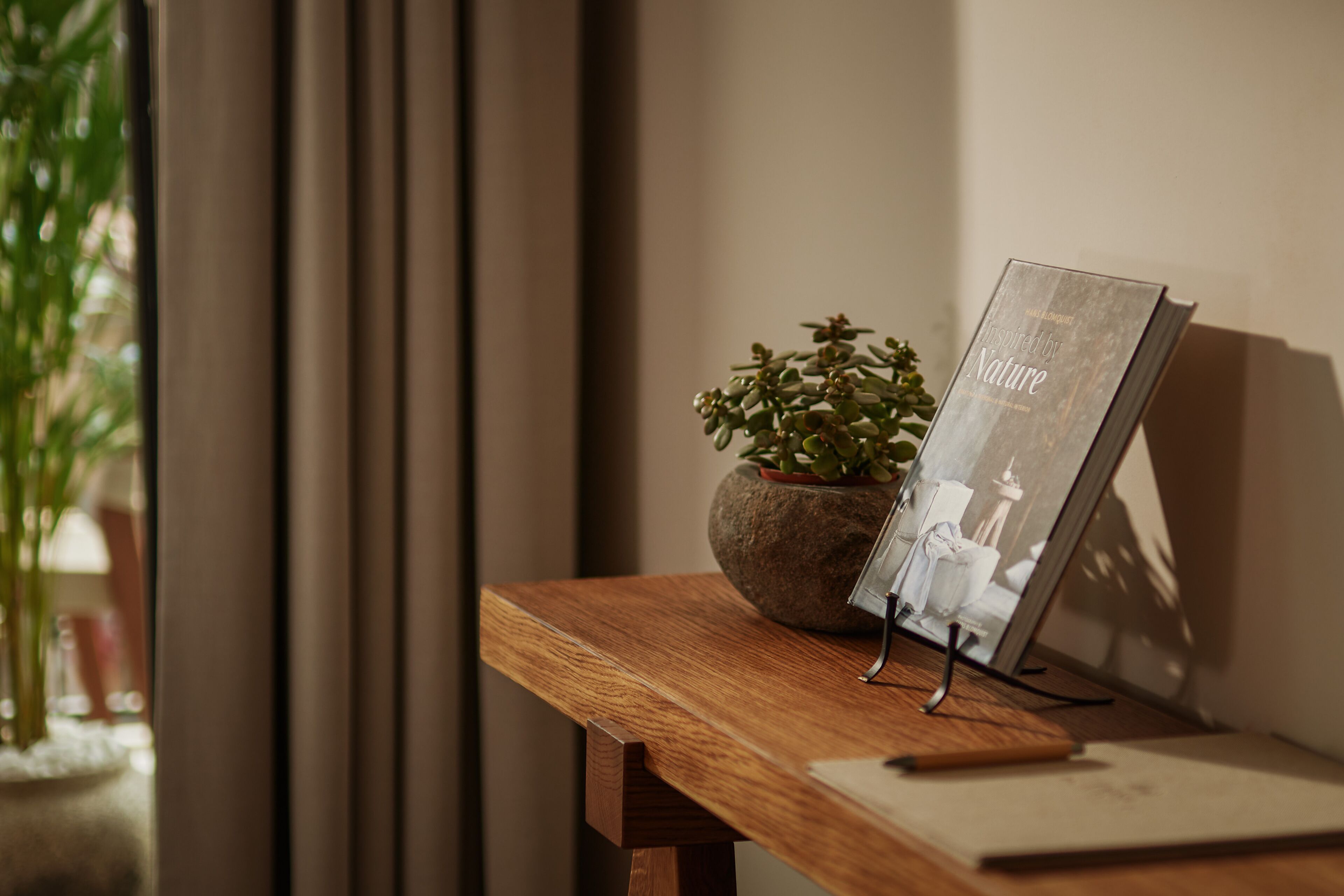 A wooden table with a potted plant and a framed book titled "Nature" on a stand.