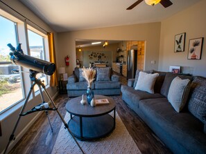 Smart TV, fireplace, DVD player, books