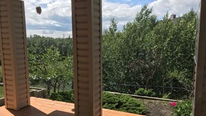 A wooden deck with a view of a dense green landscape and a building in the background.