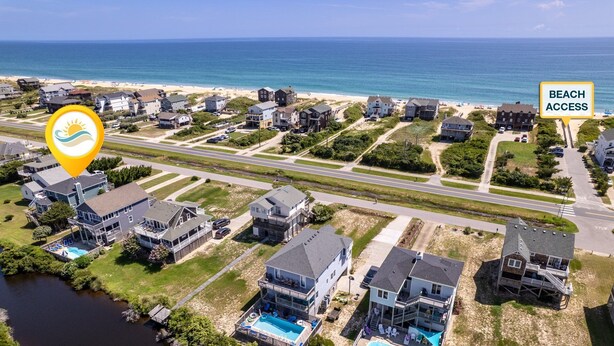 A residential area with houses, a swimming pool, and a beach access point. - 7074 Seashells and Sunsets * 3 Min Walk to Beach (Nags Head)