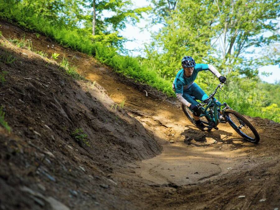 Eine Person fährt ein Mountainbike auf einem Feldweg, umgeben von viel Grün.
