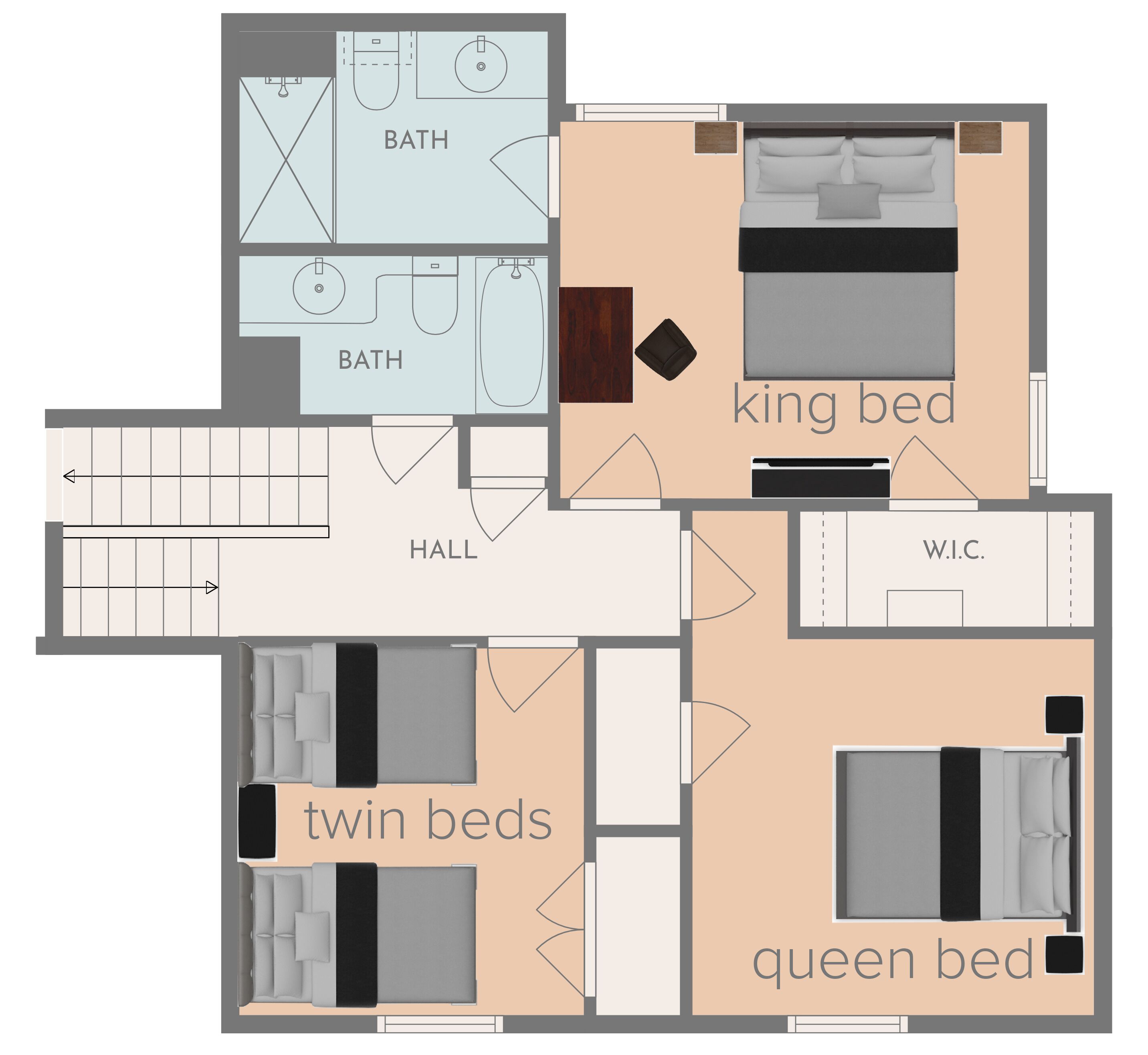 A hotel room layout with a king bed, queen bed, twin beds, a hall, and two bathrooms.