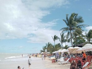 Una platja amb palmeres, ombrel·les i gent.