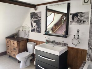 Combined shower/bathtub, free toiletries, hair dryer, towels