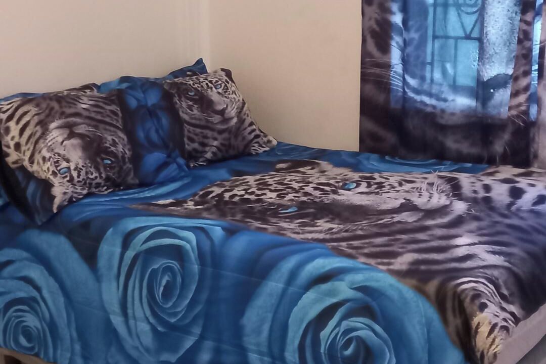 A bed with a blue and white floral bedspread and two pillows with a leopard print design.
