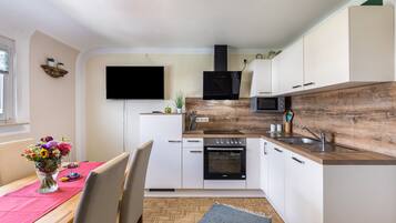 Fridge, microwave, oven, stovetop