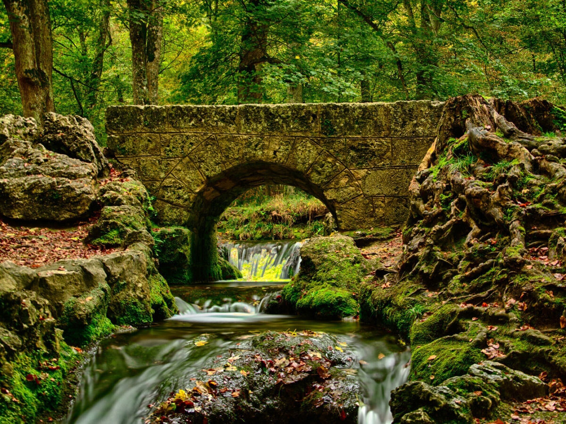 Eine Steinbrücke über einen Bach in einem bewaldeten Gebiet.