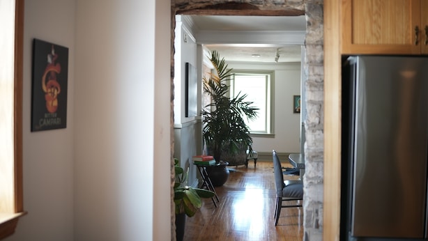 Una cuina amb una arcada de pedra, una planta gran en test i un frigorífic.