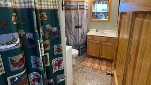 A bathroom with a shower curtain featuring animal prints, a toilet, a sink with a mirror above it, and wooden cabinets. - Lazy Fox Lodge, Lake of the Woods
 (Baudette)