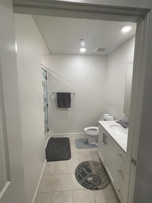 Douche, séchoir à cheveux, serviettes fournies, savon