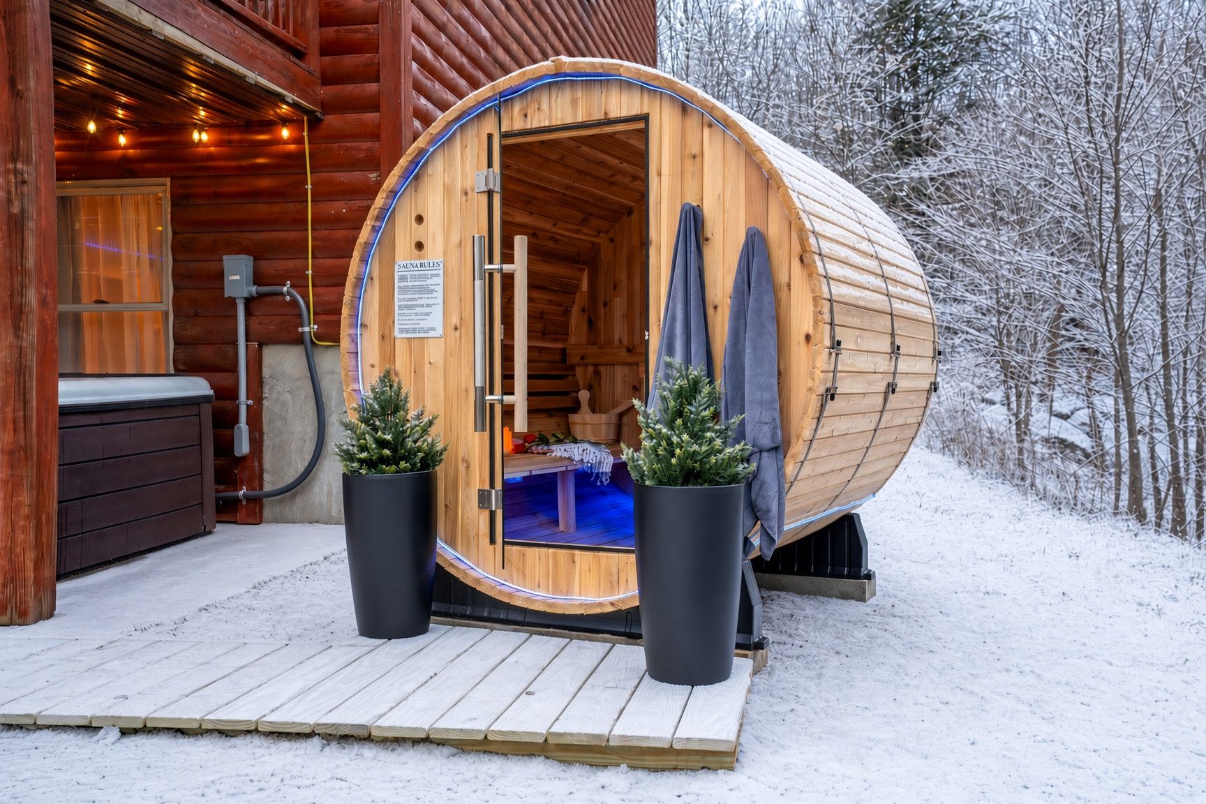 A wooden sauna with a curved roof, a bench inside, and two potted plants outside.