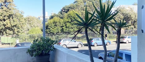 A balcony with a potted plant, a street view with cars, and a clear blue sky.
