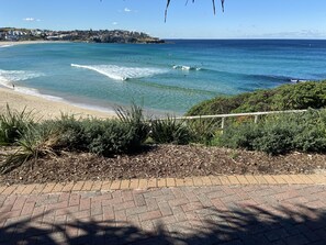 A coastal view with a paved walkway, beach, and ocean.