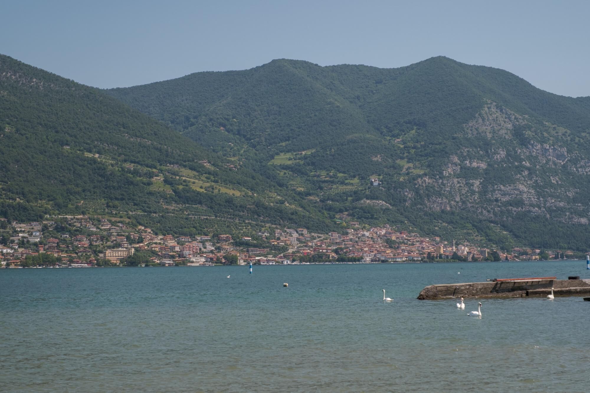 A lakeside view with a town and mountains in the background.