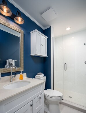 Bathtub, hair dryer, towels, shampoo