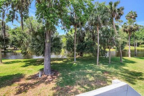 A park with a pond, trees, and a grassy area.
