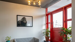 Un salon moderne avec un canapé gris, un tapis rond et des plantes en pot.