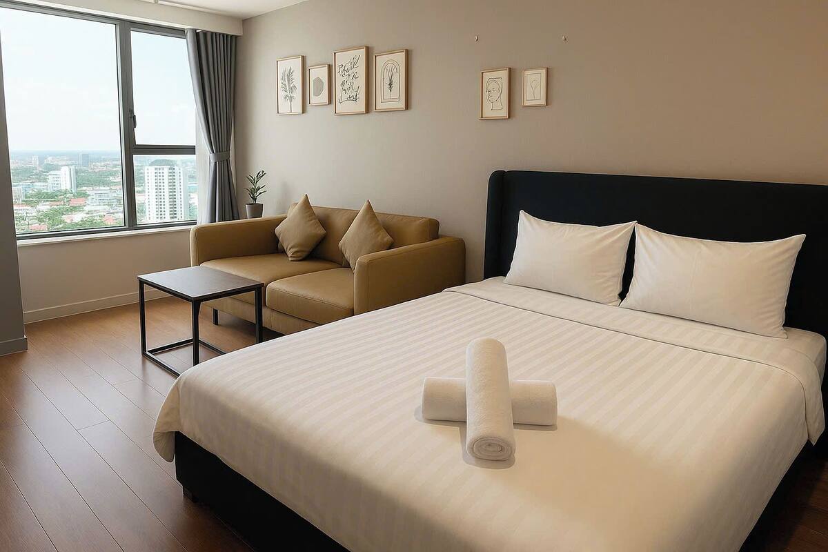 A hotel room with a large bed, a small table, a sofa, and a view of the city through a large window.