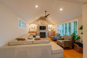Smart TV, fireplace, books