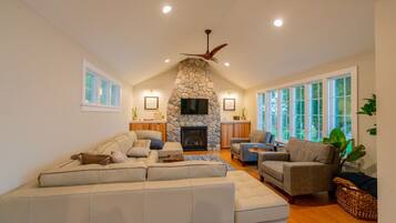 Smart TV, fireplace, books