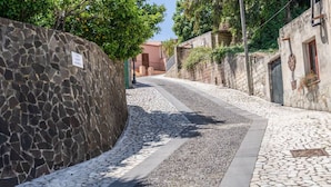 Eine enge Kopfsteinpflasterstraße, gesäumt von Steinmauern, die zu einem Gebäude mit einer rotem Tür führt.