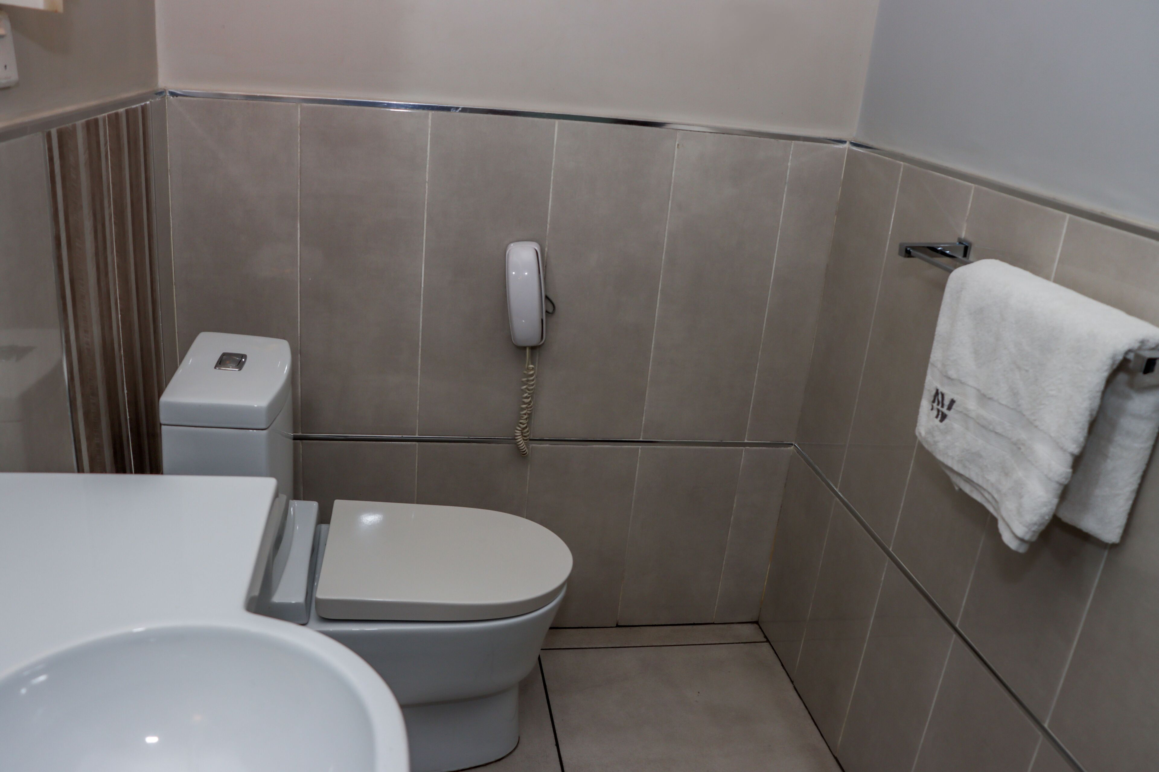Une salle de bain comprenant des toilettes, un bidet, un porte-serviettes avec une serviette et un téléphone.
