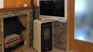Een kamer met een stenen openhaard, een pelletkachel, een televisie en een houten wand.