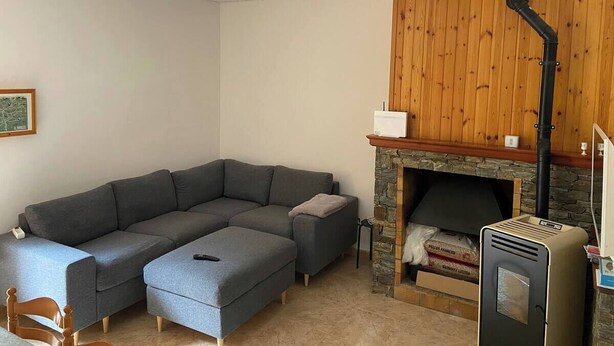 Een woonkamer met een hoekbank, een open haard en een wand bekleed met hout.
