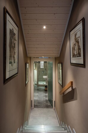 Stylish hallway leads to a bathroom with a glass shower enclosure and towel rack.
