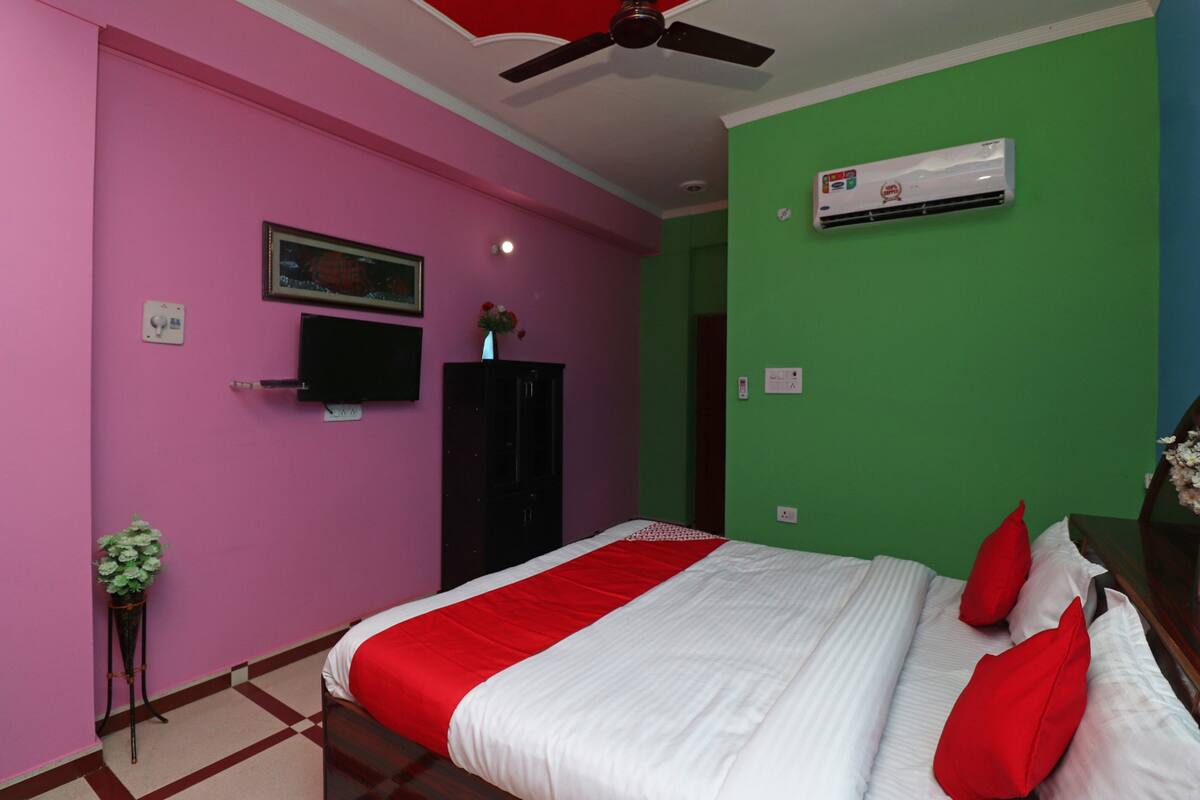 A bedroom with a bed, a ceiling fan, an air conditioner, a television, and a framed picture on the wall.