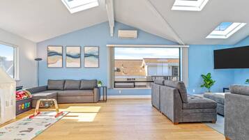 Smart TV, fireplace, books