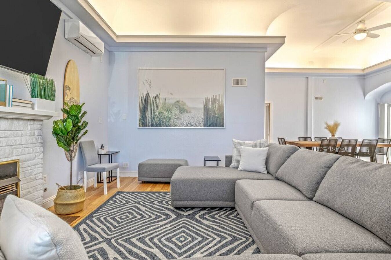 Smart TV, fireplace, books