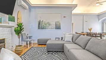 Smart TV, fireplace, books