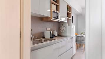 Fridge, microwave, stovetop, espresso maker