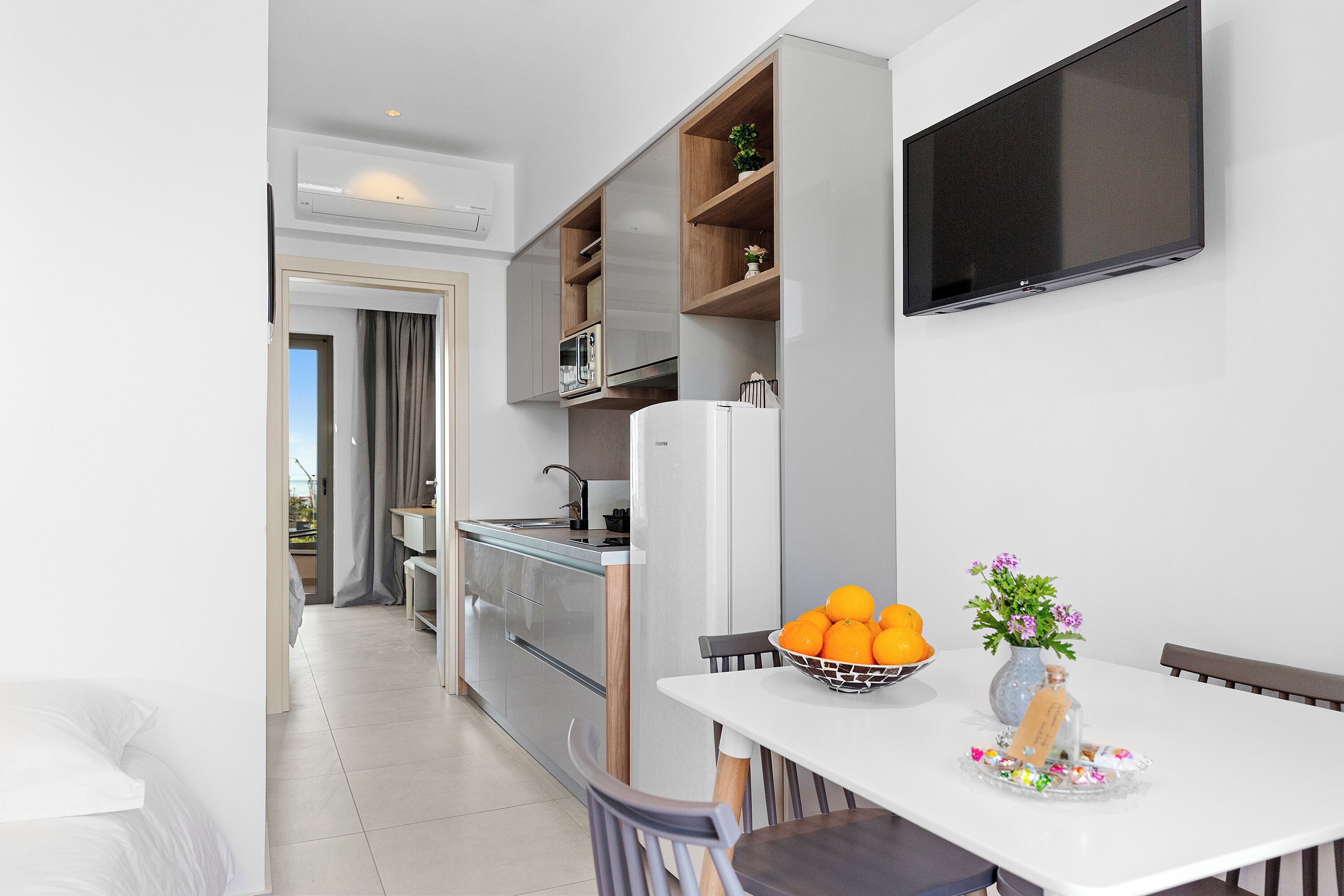 Fridge, microwave, stovetop, espresso maker