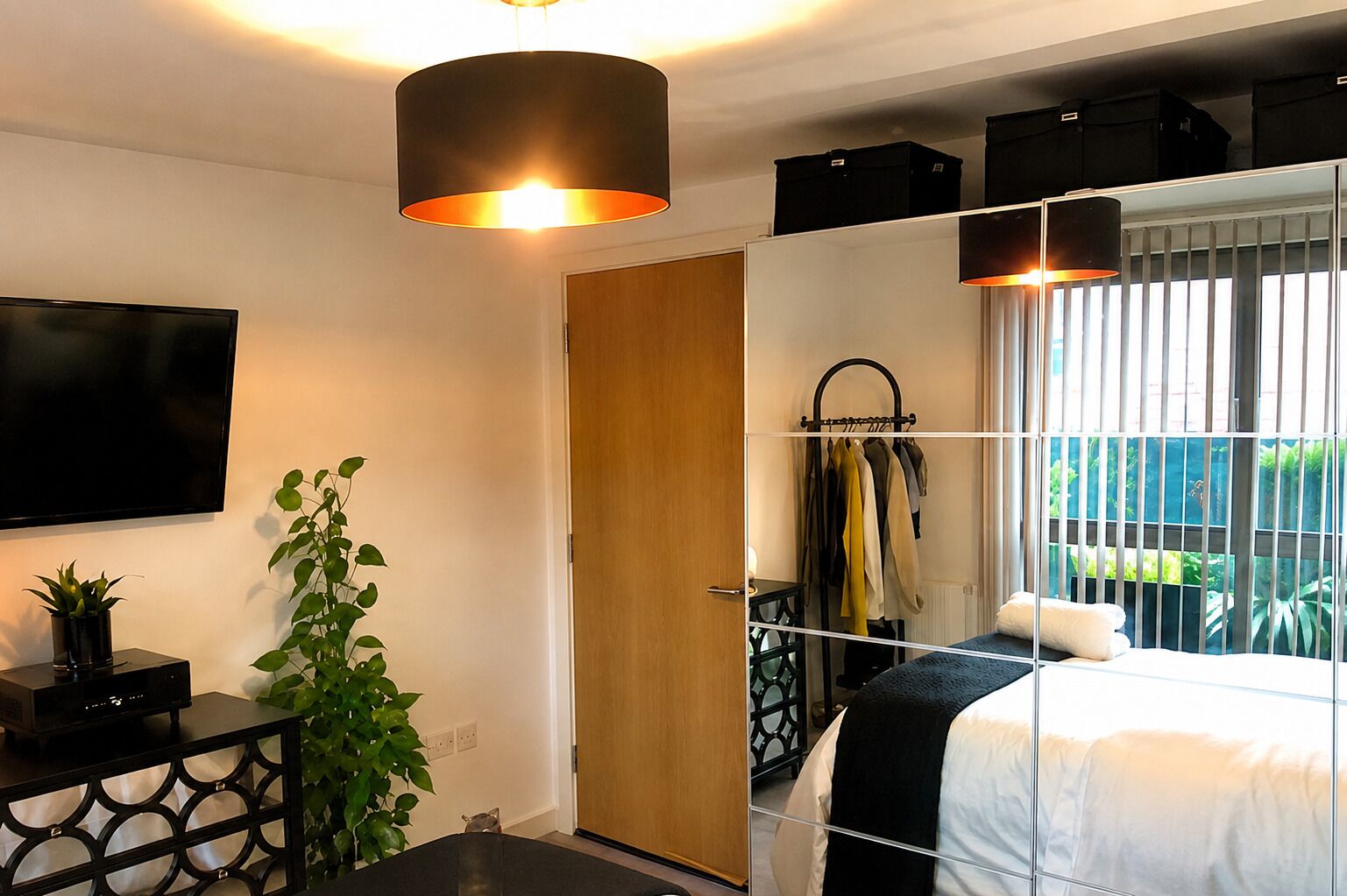 A modern bedroom with a bed, a TV, a plant, and a wardrobe.
