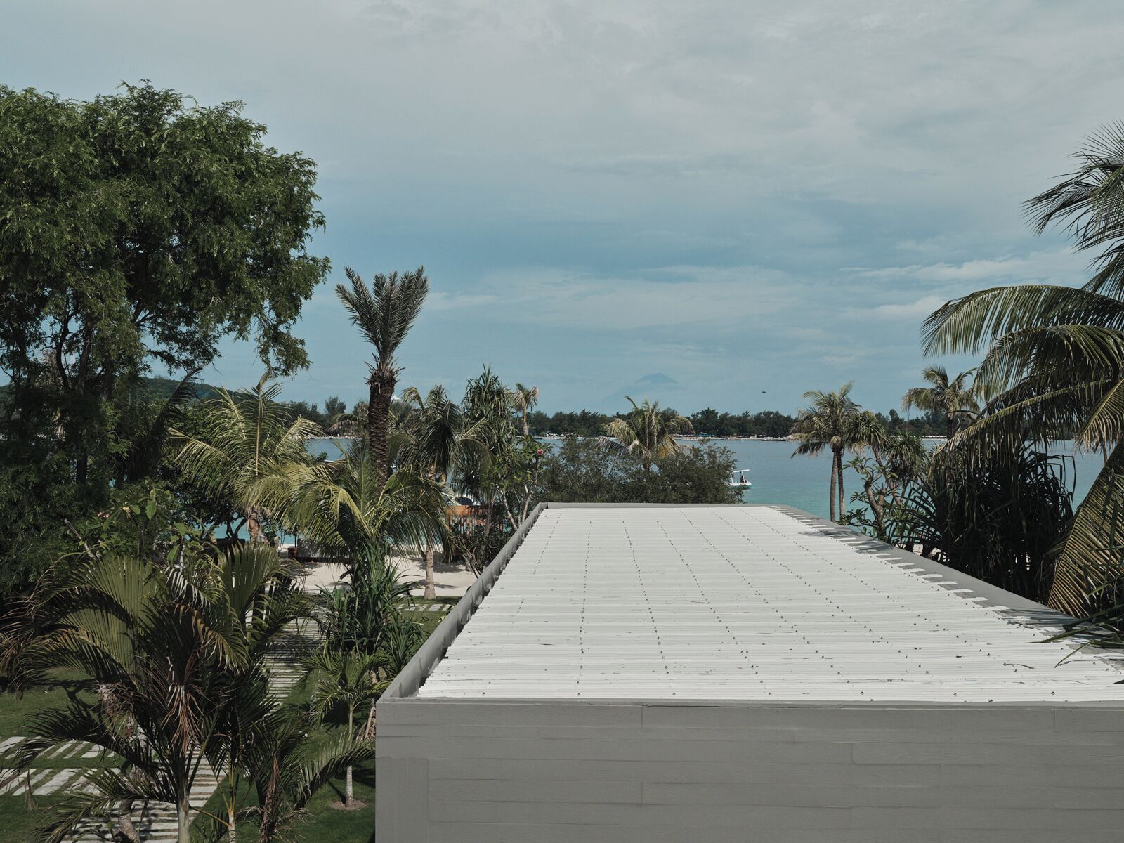 A rooftop terrace with a view of a calm body of water, surrounded by palm trees and other vegetation.