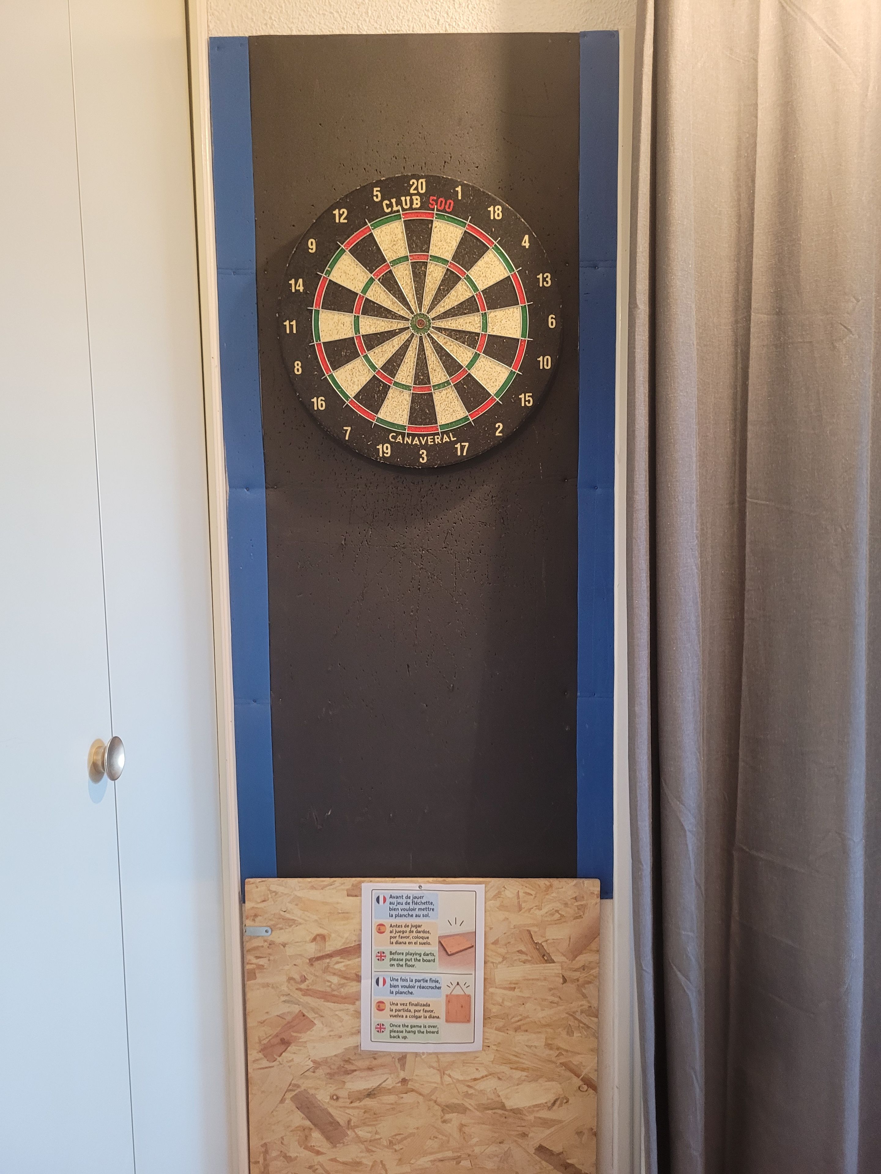 Dart-taulu on kiinnitetty seinään, ja sen alapuolella on ohjeet.