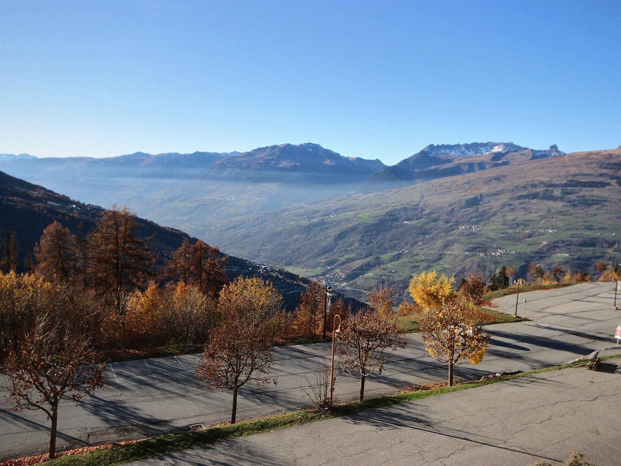 A parking area with trees and a view of distant mountains.