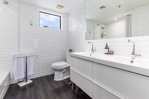 Combined shower/tub, hair dryer, towels