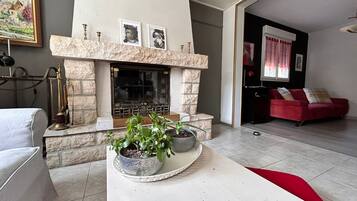 Een smart-tv, een open haard, boeken en een stereo