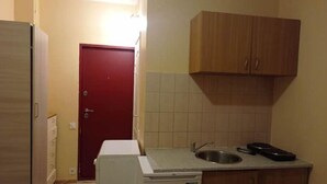 Una cocina compacta con refrigerador, un lavamanos y armarios de madera.