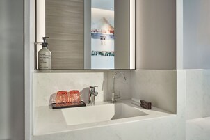Hair dryer, slippers, towels, shampoo