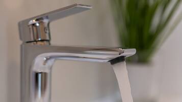 Deluxe-Apartment | Badezimmer | Dusche, Regendusche, kostenlose Toilettenartikel, Haartrockner