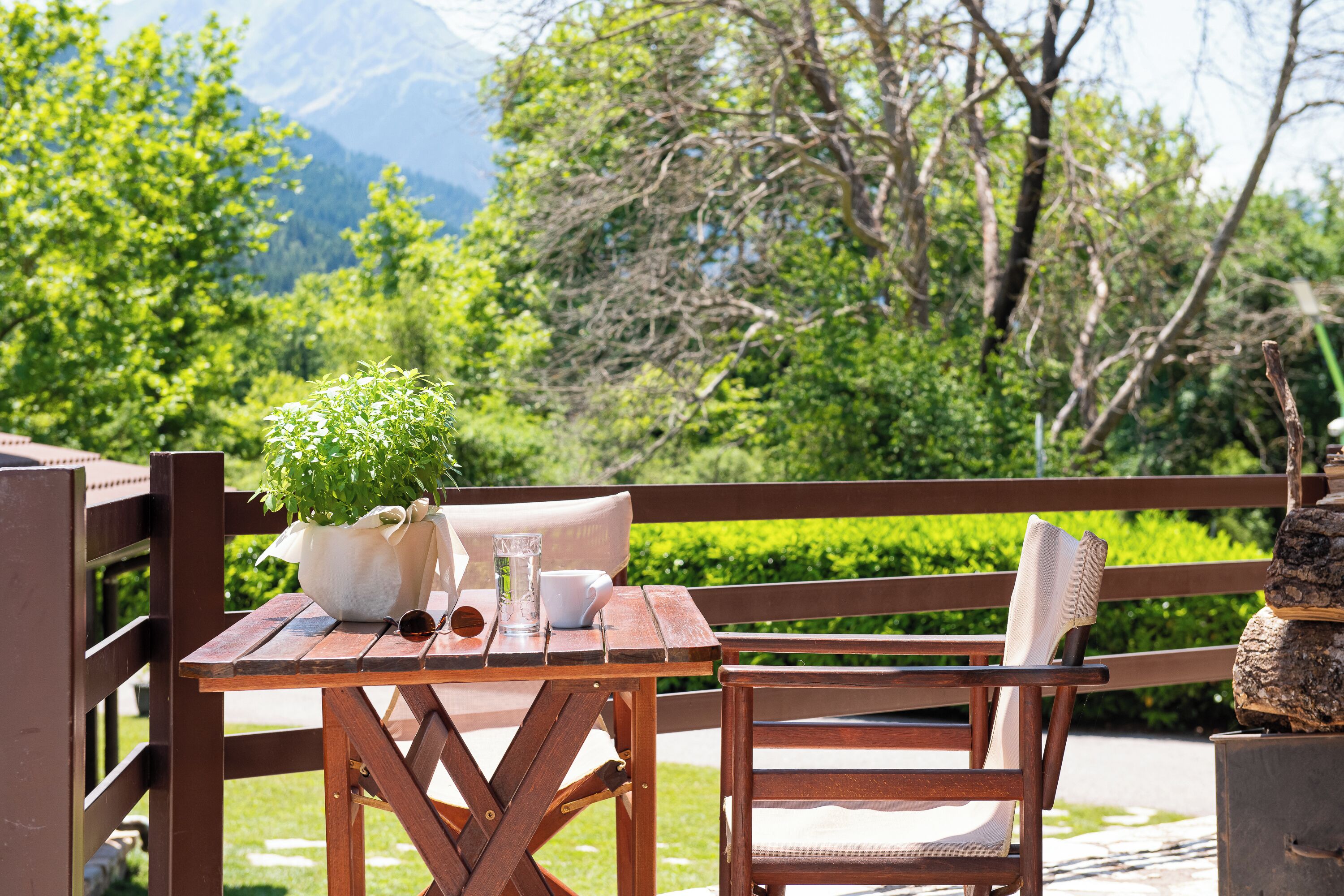 A wooden table with a potted plant, a glass, and a cup, set against a backdrop of lush greenery and mountains.